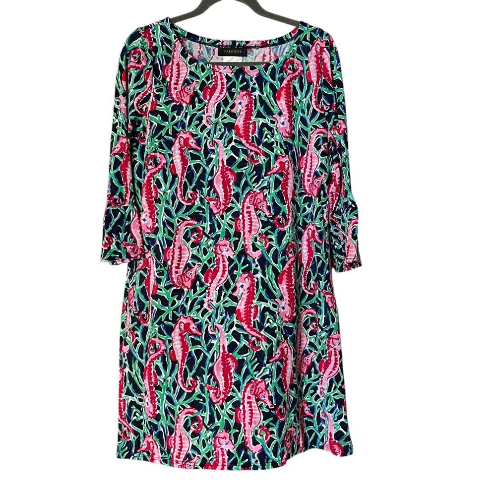 Talbots Womens Seahorse Print Bell Sleeve Sheath Dress Size Medium Coverup